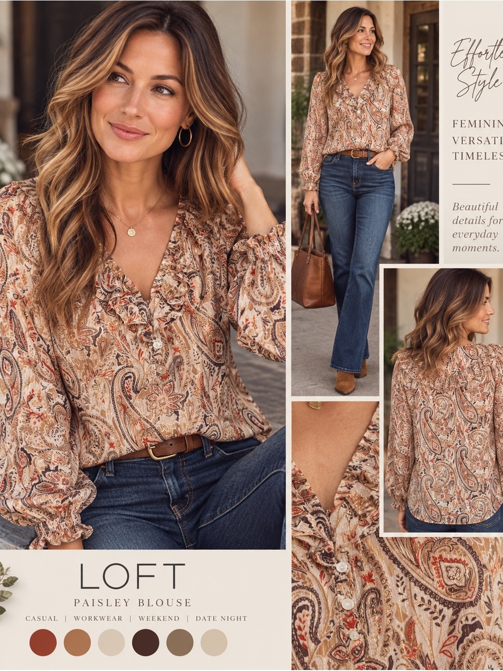 LOFT Paisley Ruffle Blouse Medium Metallic Gold Boho Long Sleeve